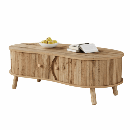 Mesa de centro oval - com portas de correr, design canelado, efeito de madeira, pés em madeira maciça, MDF - cor natural