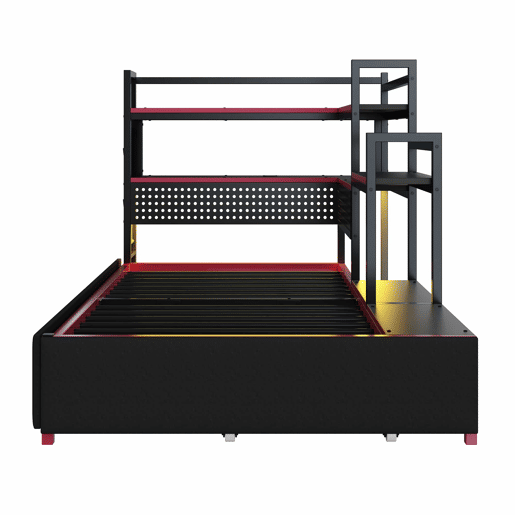 Cama de plataforma metálica para gamers - 3 gavetas, iluminação LED, portas USB, painel perfurado e prateleiras laterais - Preto