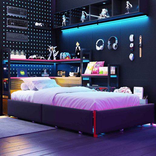Cama de plataforma metálica para gamers - 3 gavetas, iluminação LED, portas USB, painel perfurado e prateleiras laterais - Preto