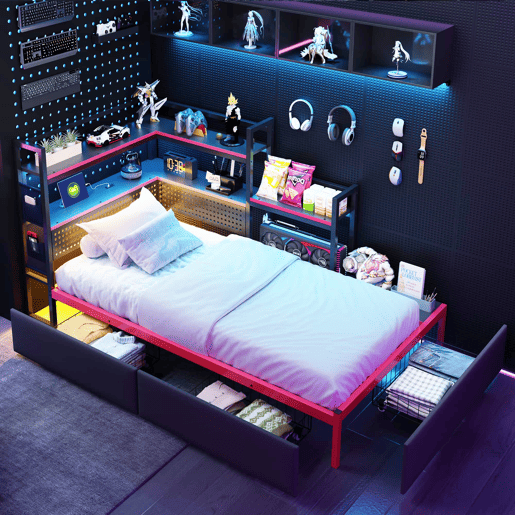 Cama de plataforma metálica para gamers - 3 gavetas, iluminação LED, portas USB, painel perfurado e prateleiras laterais - Preto