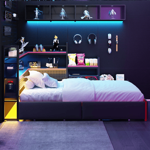 Cama de plataforma metálica para gamers - 3 gavetas, iluminação LED, portas USB, painel perfurado e prateleiras laterais - Preto