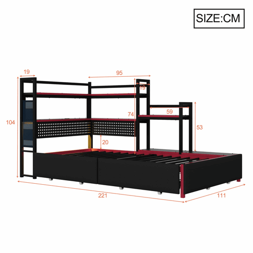 Cama de plataforma metálica para gamers - 3 gavetas, iluminação LED, portas USB, painel perfurado e prateleiras laterais - Preto