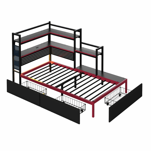 Cama de plataforma metálica para gamers - 3 gavetas, iluminação LED, portas USB, painel perfurado e prateleiras laterais - Preto
