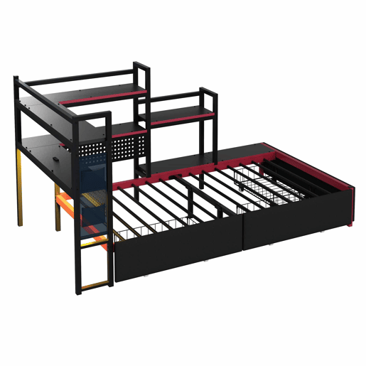 Cama de plataforma metálica para gamers - 3 gavetas, iluminação LED, portas USB, painel perfurado e prateleiras laterais - Preto
