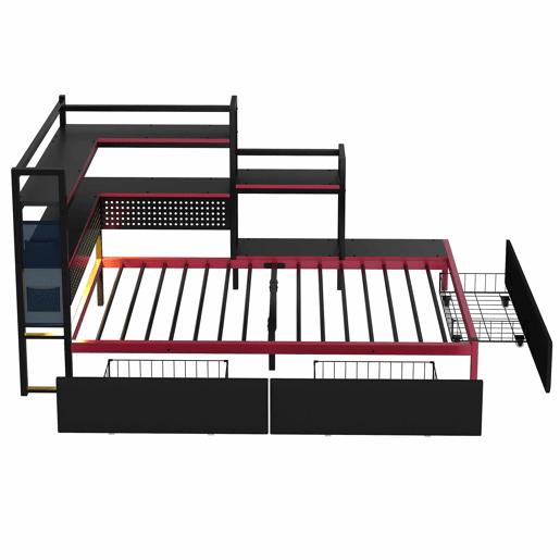 Cama de plataforma metálica para gamers - 3 gavetas, iluminação LED, portas USB, painel perfurado e prateleiras laterais - Preto