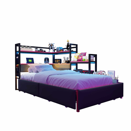 Cama de plataforma metálica para gamers - 3 gavetas, iluminação LED, portas USB, painel perfurado e prateleiras laterais - Preto