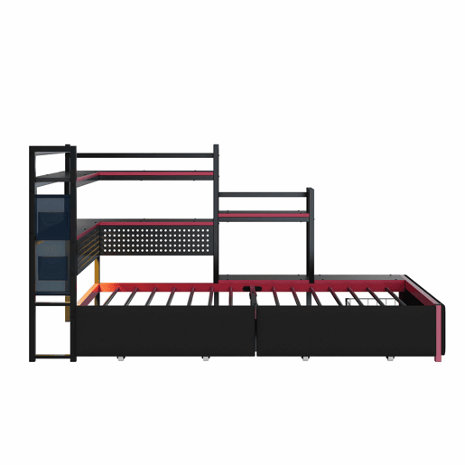 Cama de plataforma metálica para gamers - 3 gavetas, iluminação LED, portas USB, painel perfurado e prateleiras laterais - Preto
