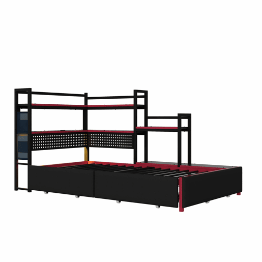 Cama de plataforma metálica para gamers - 3 gavetas, iluminação LED, portas USB, painel perfurado e prateleiras laterais - Preto