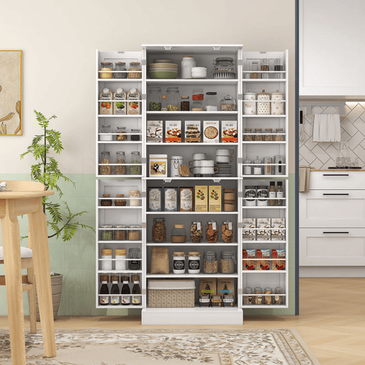 HOMCOM Despensa Alta para Cozinha Armário Moderno com 4 Portas e Prateleiras Ajustáveis Ideal para Sala de Estar Sala de Jantar 60x35x166 cm Branco