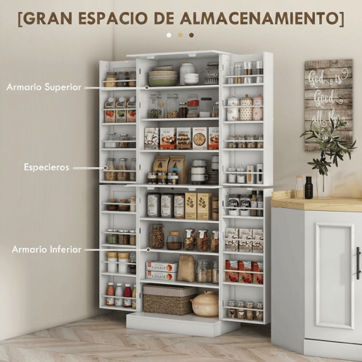 HOMCOM Despensa Alta para Cozinha Armário Moderno com 4 Portas e Prateleiras Ajustáveis Ideal para Sala de Estar Sala de Jantar 60x35x166 cm Branco