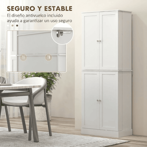 HOMCOM Despensa Alta para Cozinha Armário Moderno com 4 Portas e Prateleiras Ajustáveis Ideal para Sala de Estar Sala de Jantar 60x35x166 cm Branco