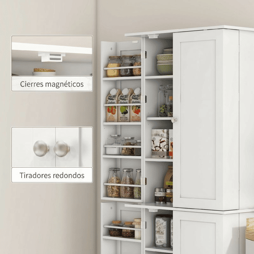 HOMCOM Despensa Alta para Cozinha Armário Moderno com 4 Portas e Prateleiras Ajustáveis Ideal para Sala de Estar Sala de Jantar 60x35x166 cm Branco