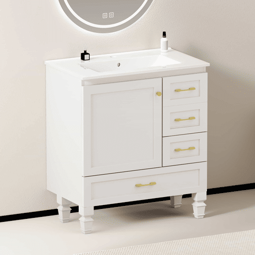 Móvel de casa de banho de 76 cm - amplo espaço de arrumação com 1 porta com fecho suave e 3 gavetas - branco