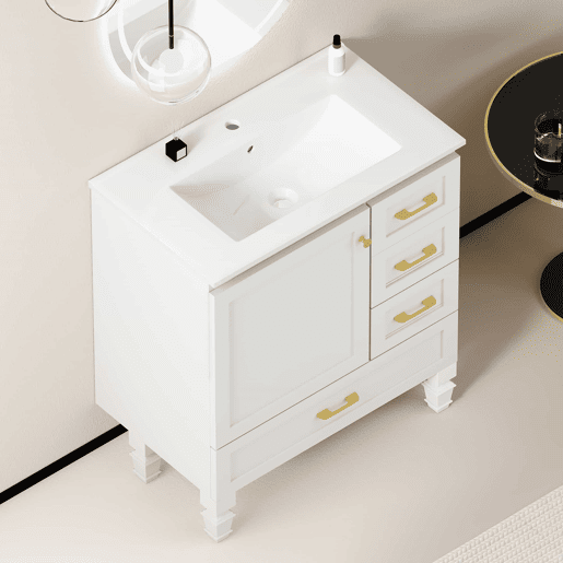 Móvel de casa de banho de 76 cm - amplo espaço de arrumação com 1 porta com fecho suave e 3 gavetas - branco