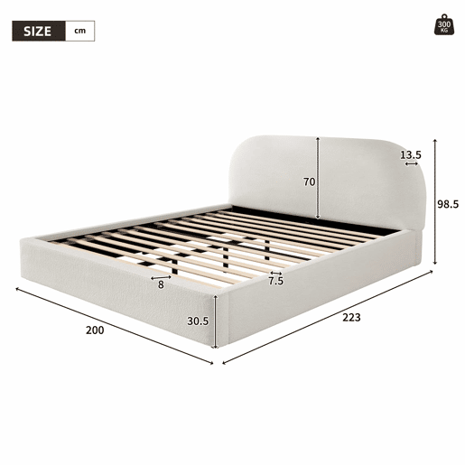 Cama de casal estofada 180x200 cm - com base de lâminas, cabeceira acolchoada - bege bouclé