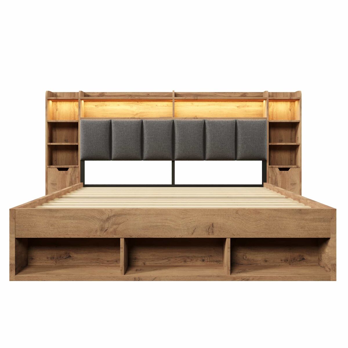 Cama doble sistema 180x200 cm - cabecero tapizado con iluminación led, mesillas con usb y type-c, almacenamiento con cajones, somier de láminas de