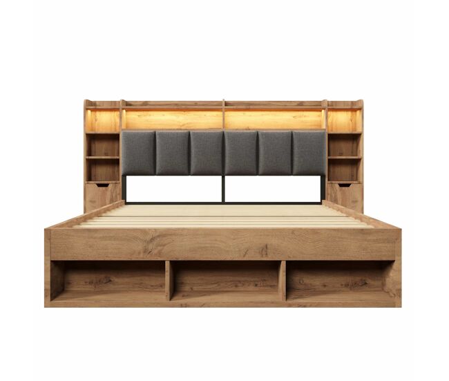 Cama doble sistema 180x200 cm - cabecero tapizado con iluminación led, mesillas con usb y type-c, almacenamiento con cajones, somier de láminas de