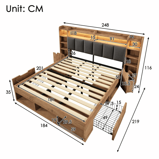 Cama de casal com dimensões 180x200 cm - cabeceira estofada com iluminação LED, mesas de cabeceira com portas USB e Type-C, arrumação com gavetas, base de ripas de madeira - carvalho