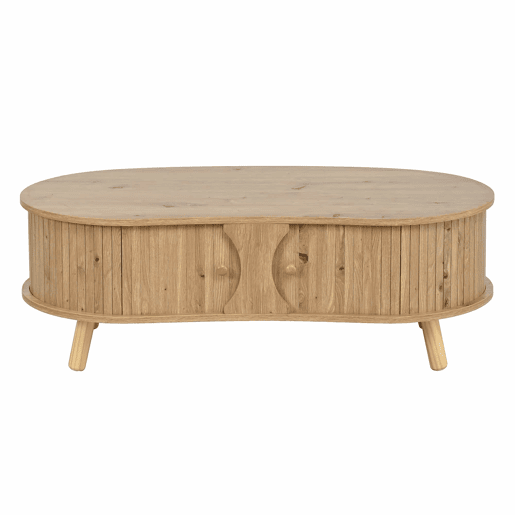 Mesa de centro oval - com portas de correr, design canelado, pés em madeira maciça, acabamento com efeito de madeira, MDF - natural