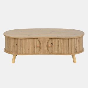 Mesa de centro oval - com portas de correr, design canelado, pés em madeira maciça, acabamento com efeito de madeira, MDF - natural