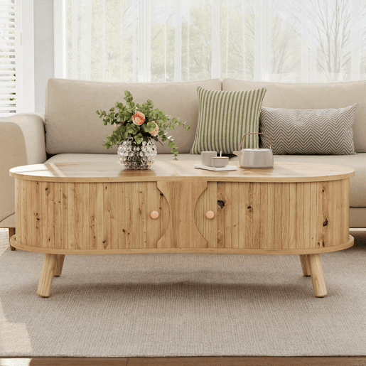 Mesa de centro oval - com portas de correr, design canelado, pés em madeira maciça, acabamento com efeito de madeira, MDF - natural