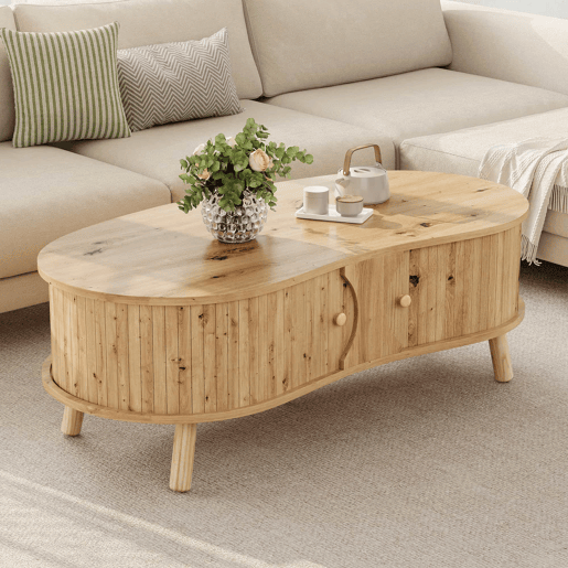 Mesa de centro oval - com portas de correr, design canelado, pés em madeira maciça, acabamento com efeito de madeira, MDF - natural
