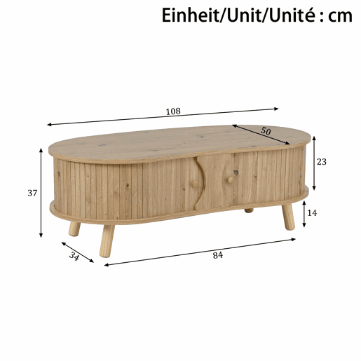 Mesa de centro oval - com portas de correr, design canelado, pés em madeira maciça, acabamento com efeito de madeira, MDF - natural