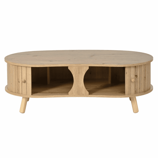 Mesa de centro oval - com portas de correr, design canelado, pés em madeira maciça, acabamento com efeito de madeira, MDF - natural