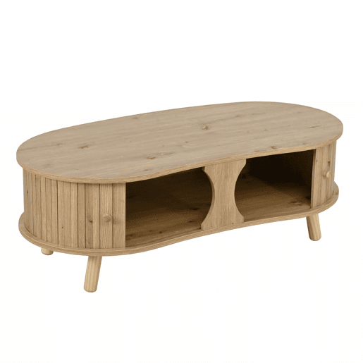 Mesa de centro oval - com portas de correr, design canelado, pés em madeira maciça, acabamento com efeito de madeira, MDF - natural