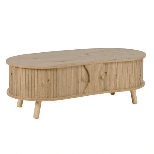 Mesa de centro oval - com portas de correr, design canelado, pés em madeira maciça, acabamento com efeito de madeira, MDF - natural