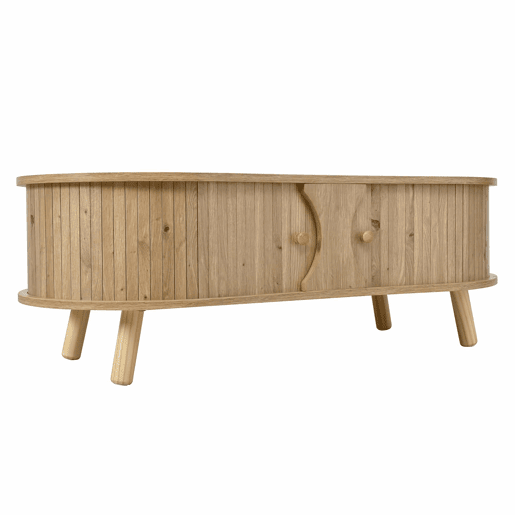 Mesa de centro oval - com portas de correr, design canelado, pés em madeira maciça, acabamento com efeito de madeira, MDF - natural