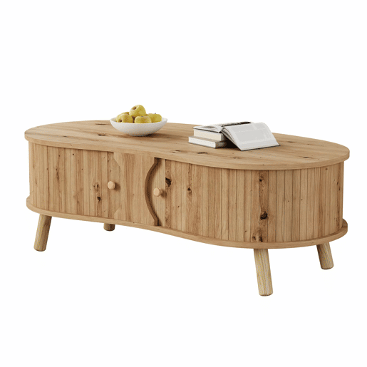 Mesa de centro oval - com portas de correr, design canelado, pés em madeira maciça, acabamento com efeito de madeira, MDF - natural