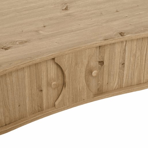 Mesa de centro oval - com portas de correr, design canelado, pés em madeira maciça, acabamento com efeito de madeira, MDF - natural