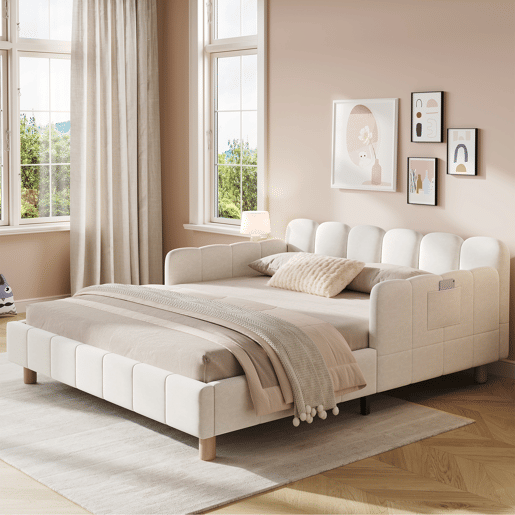 Cama de casal 140x190 cm de veludo,bege Cama de casal 140x190 cm de veludo,bege