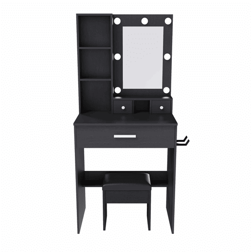 Mesa de maquilhagem 60 x 131,5 cm u2013 com espelho, iluminação LED regulável, tomada, suporte para secador de cabelo e banco almofadado u2013 cor preta