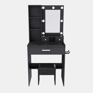 Mesa de maquilhagem 60 x 131,5 cm u2013 com espelho, iluminação LED regulável, tomada, suporte para secador de cabelo e banco almofadado u2013 cor preta