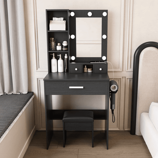 Mesa de maquilhagem 60 x 131,5 cm u2013 com espelho, iluminação LED regulável, tomada, suporte para secador de cabelo e banco almofadado u2013 cor preta