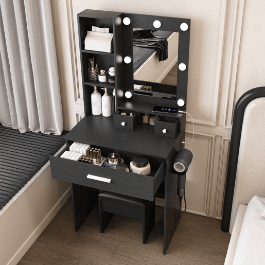 Mesa de maquilhagem 60 x 131,5 cm u2013 com espelho, iluminação LED regulável, tomada, suporte para secador de cabelo e banco almofadado u2013 cor preta
