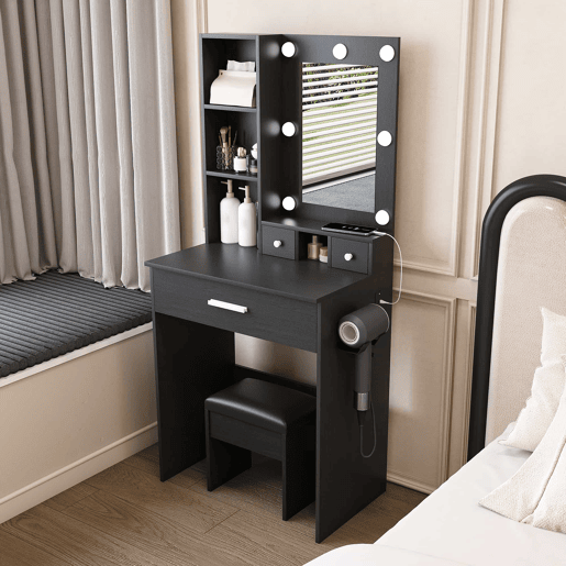 Mesa de maquilhagem 60 x 131,5 cm u2013 com espelho, iluminação LED regulável, tomada, suporte para secador de cabelo e banco almofadado u2013 cor preta