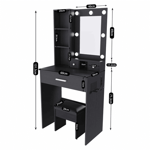 Mesa de maquilhagem 60 x 131,5 cm u2013 com espelho, iluminação LED regulável, tomada, suporte para secador de cabelo e banco almofadado u2013 cor preta