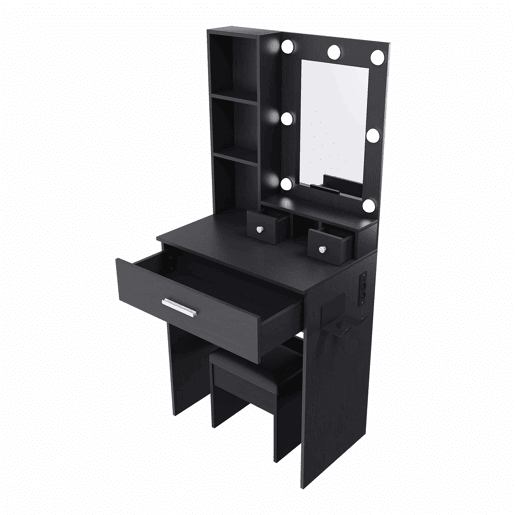 Mesa de maquilhagem 60 x 131,5 cm u2013 com espelho, iluminação LED regulável, tomada, suporte para secador de cabelo e banco almofadado u2013 cor preta
