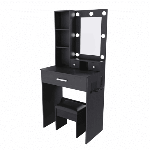 Mesa de maquilhagem 60 x 131,5 cm u2013 com espelho, iluminação LED regulável, tomada, suporte para secador de cabelo e banco almofadado u2013 cor preta