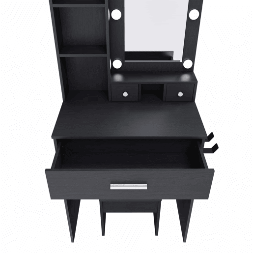 Mesa de maquilhagem 60 x 131,5 cm u2013 com espelho, iluminação LED regulável, tomada, suporte para secador de cabelo e banco almofadado u2013 cor preta