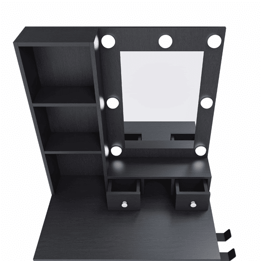 Mesa de maquilhagem 60 x 131,5 cm u2013 com espelho, iluminação LED regulável, tomada, suporte para secador de cabelo e banco almofadado u2013 cor preta
