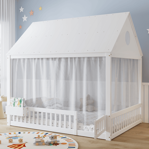 Cama de criança,cama-casa de madeira maciça 140x200 cm,branco
