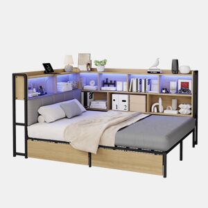 Sofá-cama estofado 140x200 - iluminação LED, porta de carregamento USB e Type-C, sofá-cama, cama juvenil, 2 gavetas, base metálica, cabeceira com espaço de arrumação - cor natural