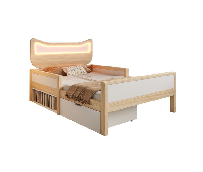 Cama infantil,cama individual de madera maciza 90x200 cm con luz led,natural+blanco