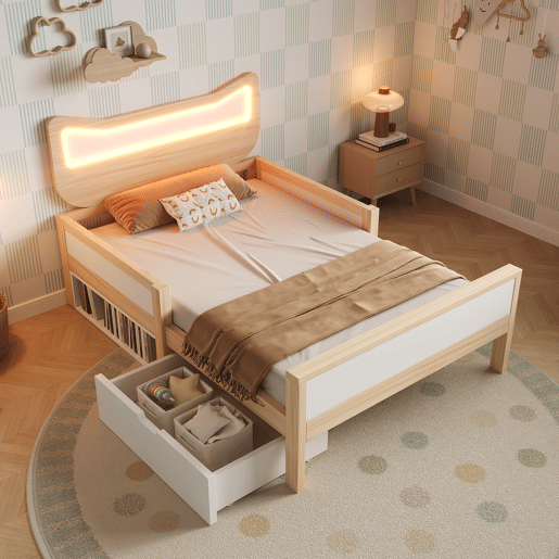 Cama de criança,cama de solteiro de madeira maciça 90x200 cm com luz led,natural+branco