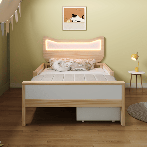Cama de criança,cama de solteiro de madeira maciça 90x200 cm com luz led,natural+branco