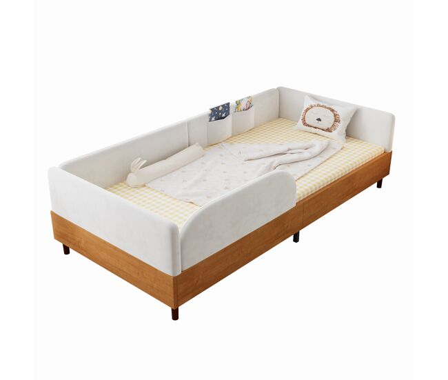 Cama infantil,cama individual de terciopelo 90x200 cm,blanco+natural